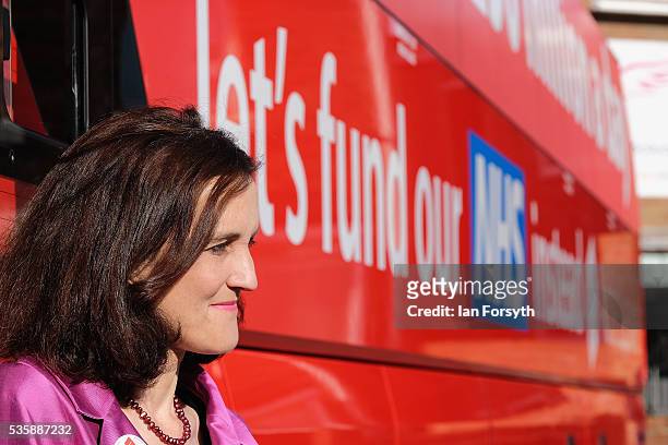 Theresa Villiers MP stands next to the battle bus as she waits for the arrival of Boris Johnson MP during a visit to Chester-Le-Street Cricket Club...