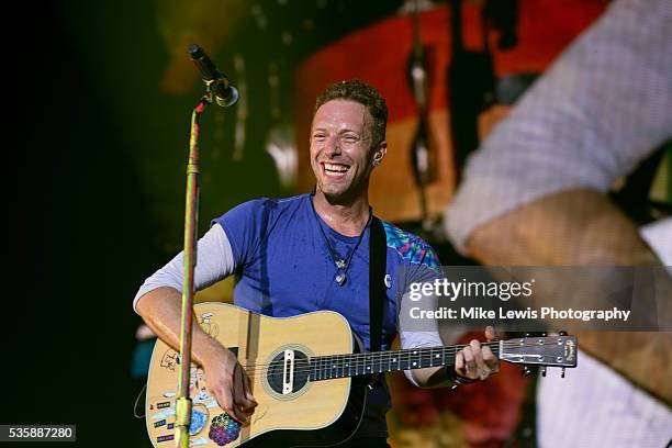 Chris Martin from Coldplay performs on stage at Powderham Castle on May 29, 2016 in Exeter, England.