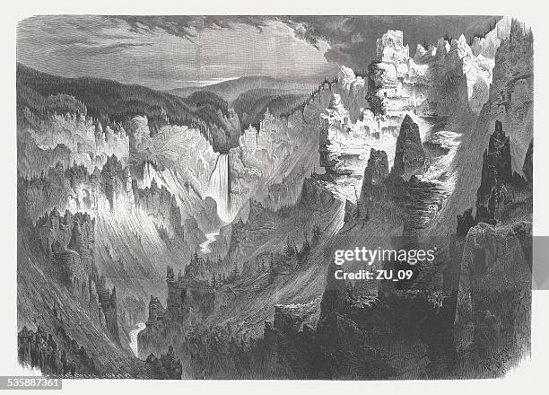 yellowstone national park, wood engraving, published in 1883 - 1883 2015 stock illustrations