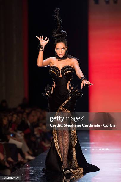 Nabilla Benattia walks the runway during the Jean Paul Gaultier show as part of Paris Fashion Week Haute-Couture Fall/Winter 2013-2014, on July 3 in...