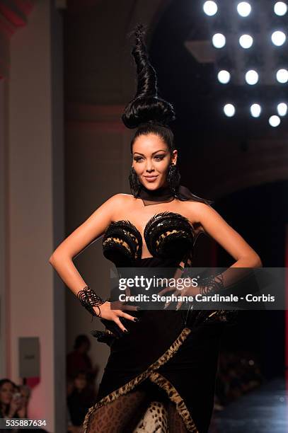 Nabilla Benattia walks the runway during the Jean Paul Gaultier show as part of Paris Fashion Week Haute-Couture Fall/Winter 2013-2014, on July 3 in...