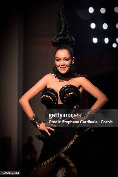 Nabilla Benattia walks the runway during the Jean Paul Gaultier show as part of Paris Fashion Week Haute-Couture Fall/Winter 2013-2014, on July 3 in...