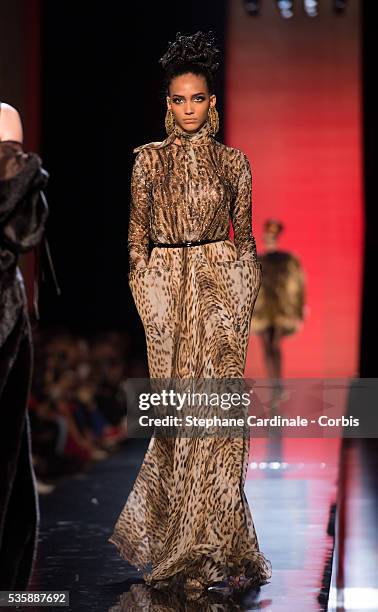 Model walks the runway during the Jean Paul Gaultier show as part of Paris Fashion Week Haute-Couture Fall/Winter 2013-2014, on July 3 in Paris