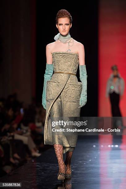 Model walks the runway during the Jean Paul Gaultier show as part of Paris Fashion Week Haute-Couture Fall/Winter 2013-2014, on July 3 in Paris