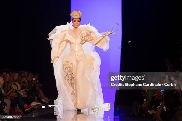 Model walks the runway during the Jean Paul Gaultier show as part of Paris Fashion Week Haute-Couture Fall/Winter 2013-2014, on July 3 in Paris