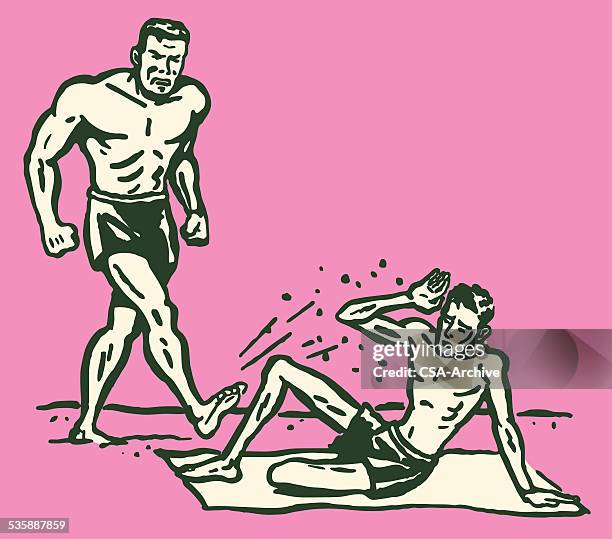 stockillustraties, clipart, cartoons en iconen met muscular man kicking sand onto skinny man at beach - slank