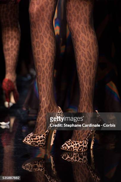 Shoe detail is seen as a model walks the runway during the Jean Paul Gaultier show as part of Paris Fashion Week Haute-Couture Fall/Winter 2013-2014,...