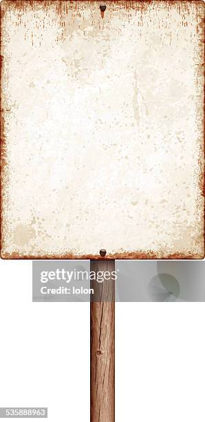 verwitterte leere plakat mit hölzerne wegweiser isoliert auf weiss - rusty stock-grafiken, -clipart, -cartoons und -symbole