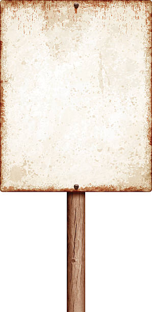 weathered blank placard with wooden post isolated on white - scratched metal stock illustrations