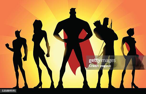 stockillustraties, clipart, cartoons en iconen met vector superheroes team silhouette - awe