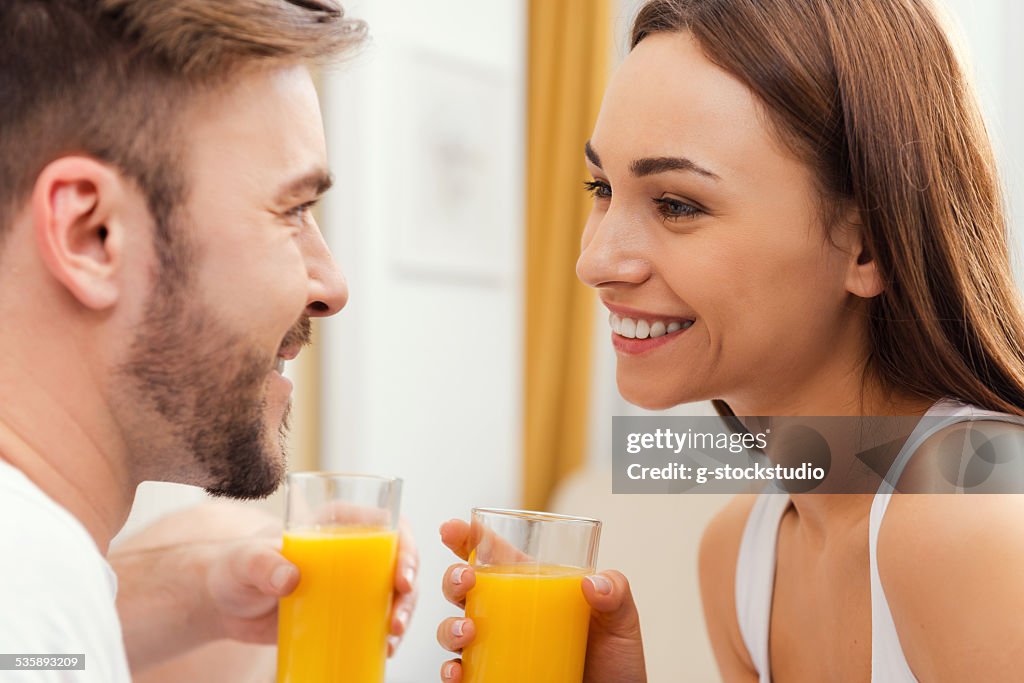 Enjoying fresh juice together.