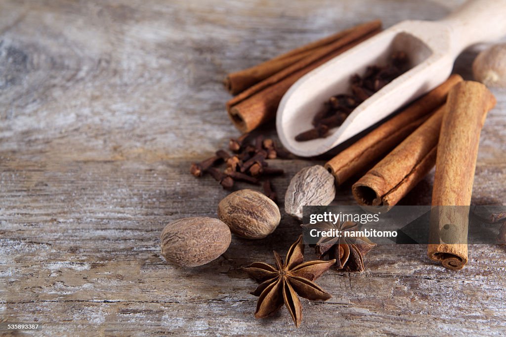 Spices on wooden background.