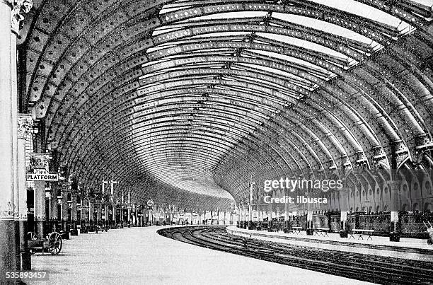 antique photography-derived dot print illustration: york train station - york station stock illustrations