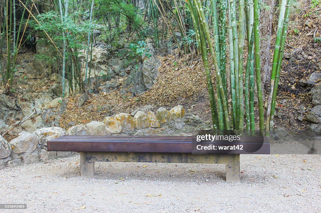 Empty long bench in the forest