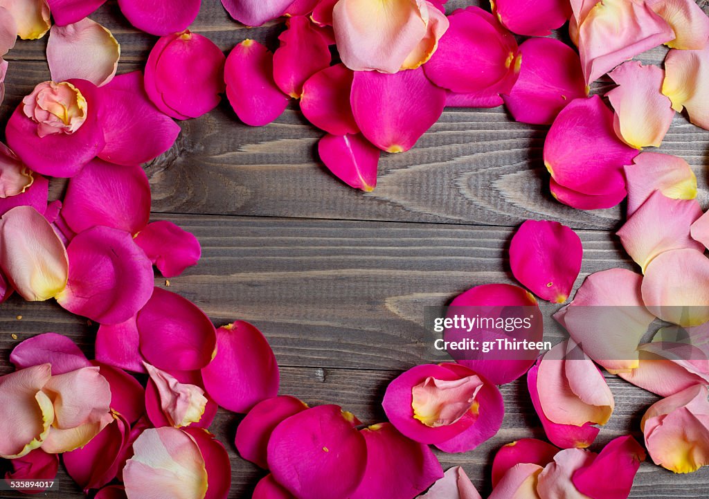 Flowers heart on wood panel. Valentines background.