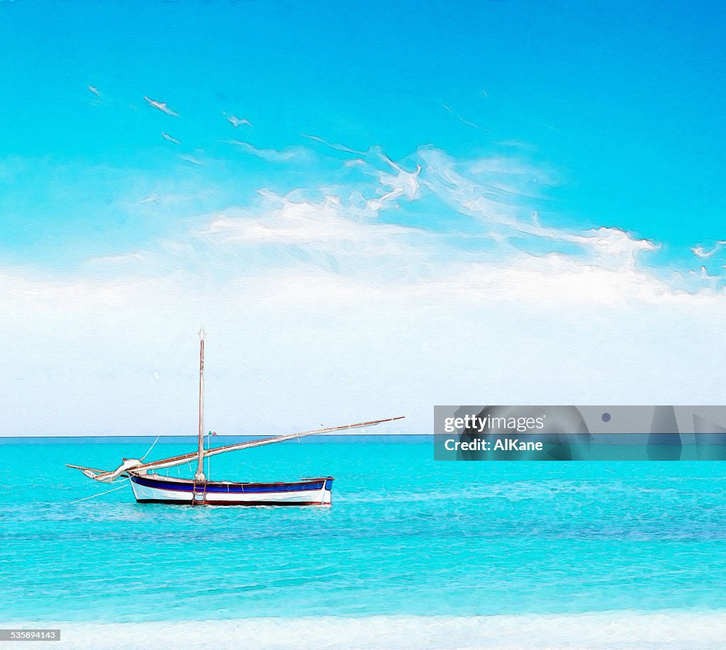 Boat and clouds in water color