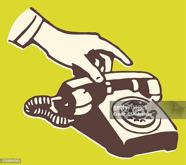 stockillustraties, clipart, cartoons en iconen met hand touching handset of rotary telephone - rotary phone