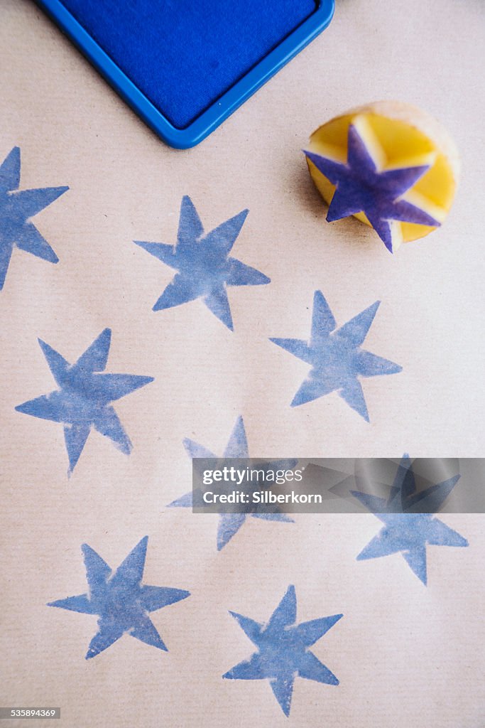 DiY wrapping paper with blue stars