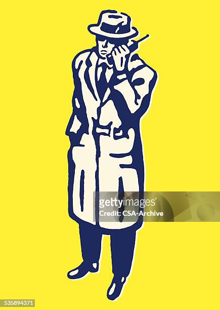 mysterious man on the telephone - trench coat stock illustrations