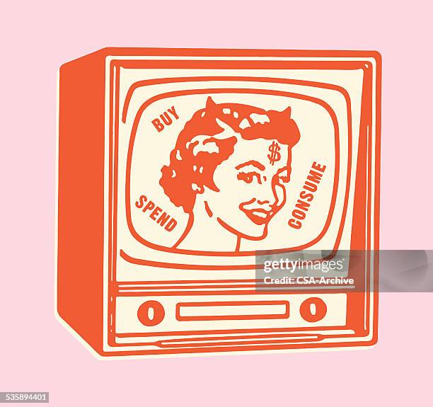 buy spend consume devilish message on tv - actress stock illustrations