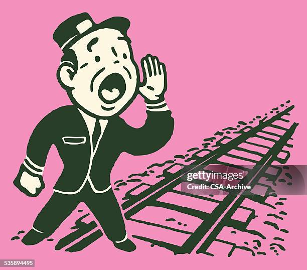 stockillustraties, clipart, cartoons en iconen met conductor calling out by empty train tracks - spoorwegovergang