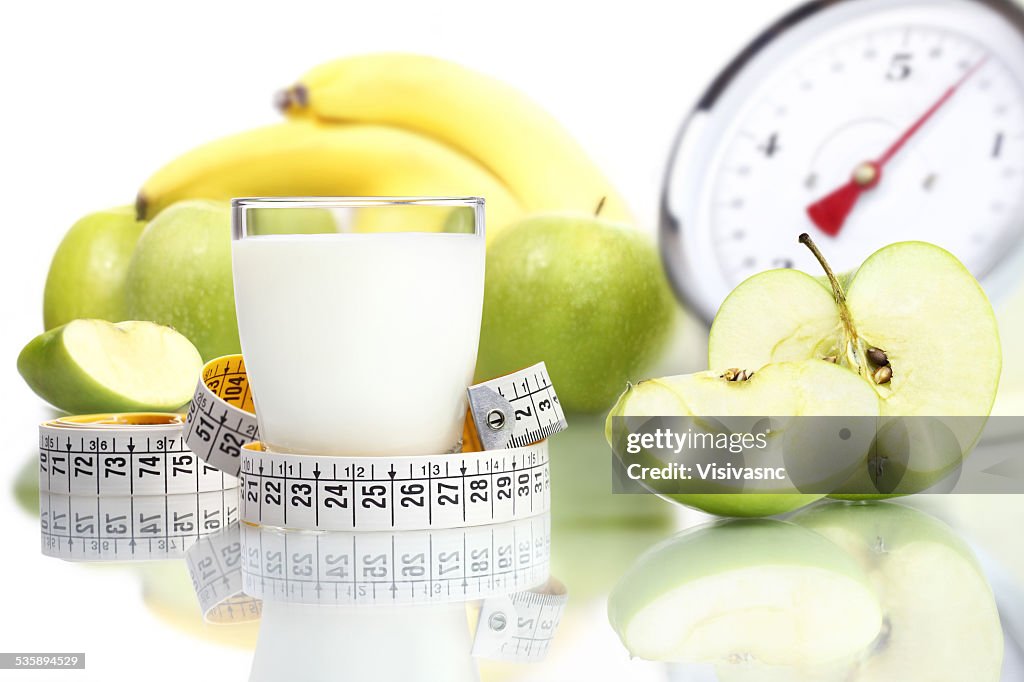 Diet food milk glass, fruit Apple meter scales