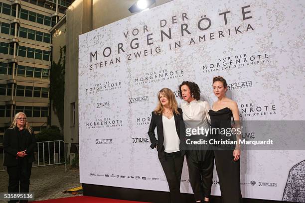 Maria Schrader, Barbara Sukowa and Aenne Schwarz attend the movie premiere of 'Vor der Morgenroete - Bevore Dawn' at Delphi Palace on May 30, 2016 in...