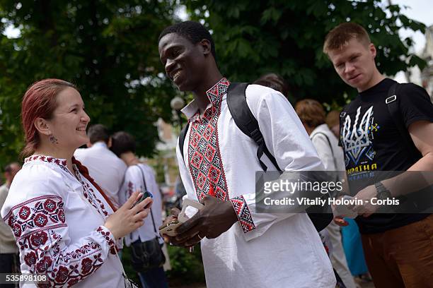 Ukrainians dressed in vyshyvankas with traditional embroideries attend the 'March in vyshyvankas' in downtown Kyiv on 28 May 2016 in Kiev, Ukraine....