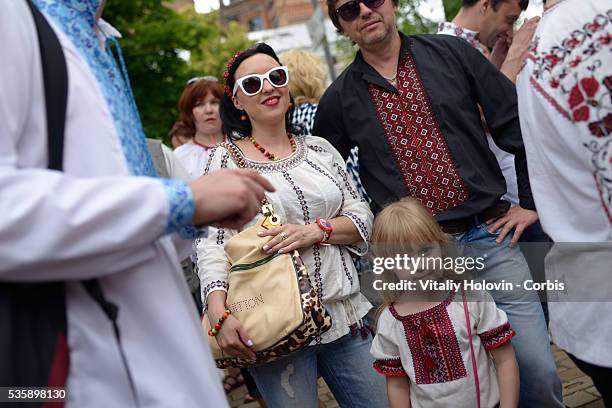 Ukrainians dressed in vyshyvankas with traditional embroideries attend the 'March in vyshyvankas' in downtown Kyiv on 28 May 2016 in Kiev, Ukraine....