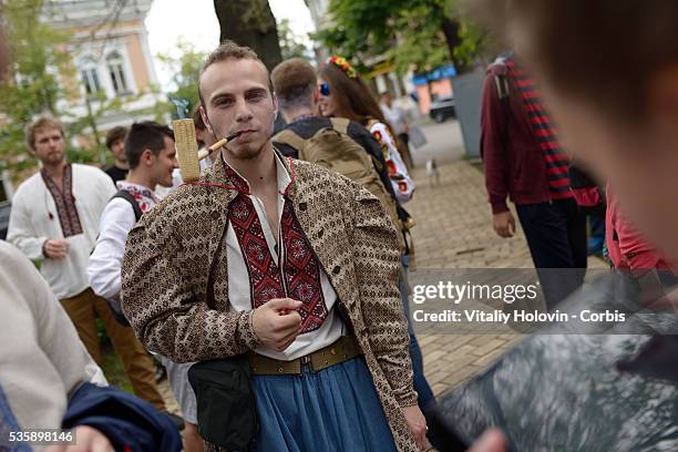 Ukrainians dressed in vyshyvankas with traditional embroideries attend the 'March in vyshyvankas' in downtown Kyiv on 28 May 2016 in Kiev, Ukraine....