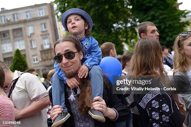 Ukrainians dressed in vyshyvankas with traditional embroideries attend the 'March in vyshyvankas' in downtown Kyiv on 28 May 2016 in Kiev, Ukraine....