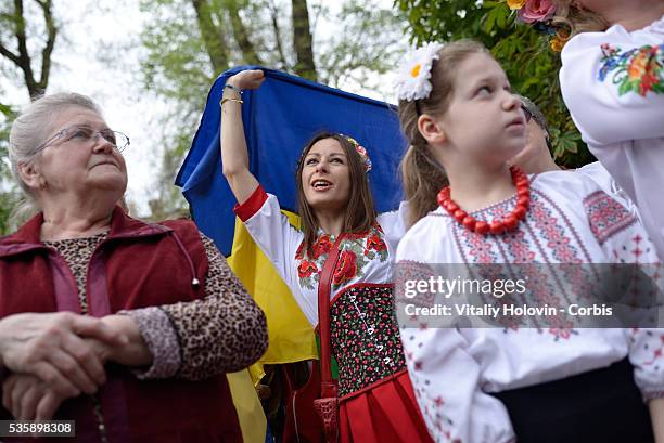 Ukrainians dressed in vyshyvankas with traditional embroideries attend the 'March in vyshyvankas' in downtown Kyiv on 28 May 2016 in Kiev, Ukraine....