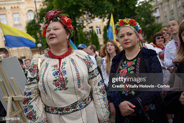 Ukrainians dressed in vyshyvankas with traditional embroideries attend the 'March in vyshyvankas' in downtown Kyiv on 28 May 2016 in Kiev, Ukraine....