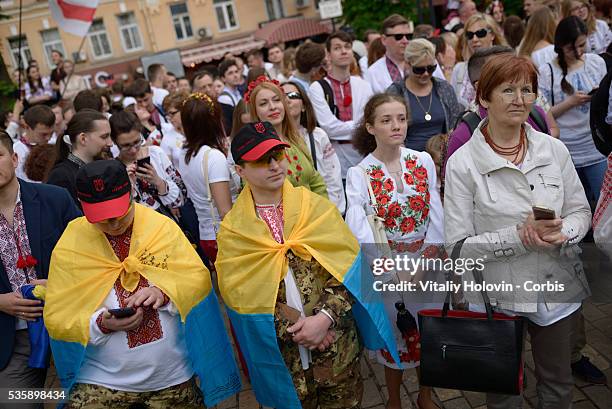 Ukrainians dressed in vyshyvankas with traditional embroideries attend the 'March in vyshyvankas' in downtown Kyiv on 28 May 2016 in Kiev, Ukraine....