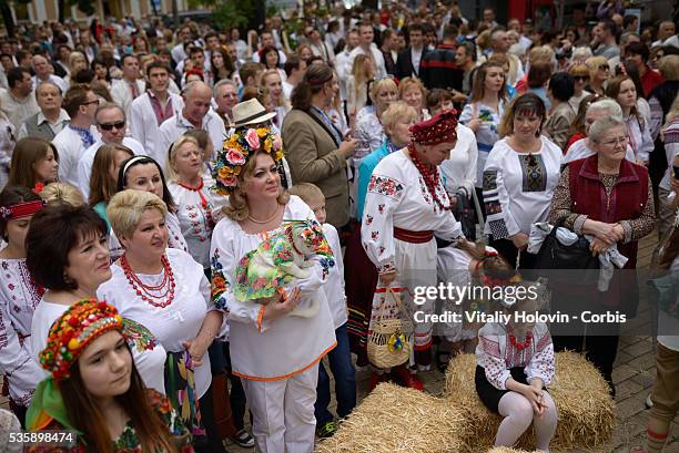 Ukrainians dressed in vyshyvankas with traditional embroideries attend the 'March in vyshyvankas' in downtown Kyiv on 28 May 2016 in Kiev, Ukraine....