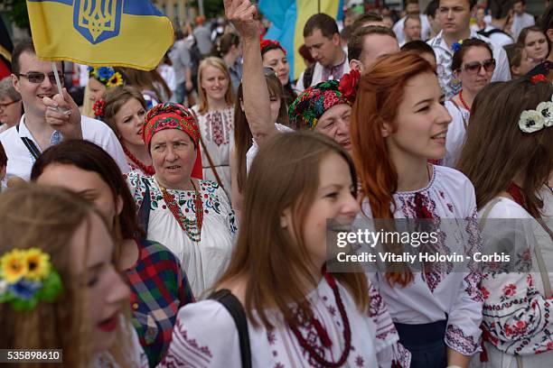 Ukrainians dressed in vyshyvankas with traditional embroideries attend the 'March in vyshyvankas' in downtown Kyiv on 28 May 2016 in Kiev, Ukraine....