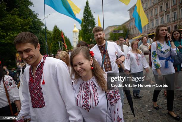 Ukrainians dressed in vyshyvankas with traditional embroideries attend the 'March in vyshyvankas' in downtown Kyiv on 28 May 2016 in Kiev, Ukraine....