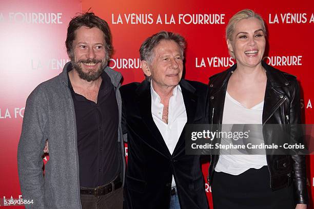 Mathieu Amalric, Director Roman Polanski and his wife Emmanuelle Seigner attend 'La Venus A La Fourrure' Premiere at Cinema Gaumont Marignan, in...