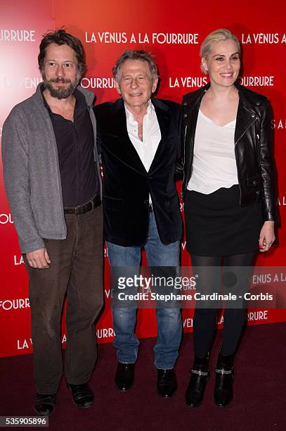 Mathieu Amalric, Director Roman Polanski and his wife Emmanuelle Seigner attend 'La Venus A La Fourrure' Premiere at Cinema Gaumont Marignan, in...