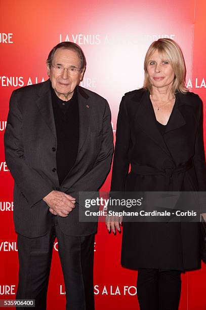 Robert Hossein and his wife Candice Patou attend 'La Venus A La Fourrure' Premiere at Cinema Gaumont Marignan, in Paris.