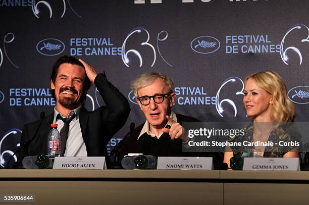 Josh Brolin, Woody Allen and Naomi Watts at the Press conference of 'You will meet a tall dark stranger' at the 63rd Cannes International Film...