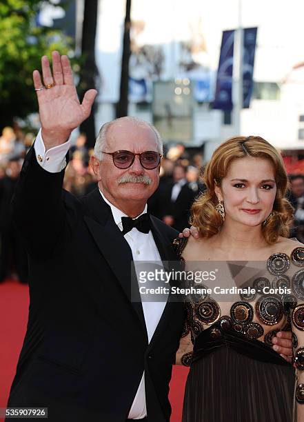 Nikita Mikhalkov and Nadezhda Mihalkova attend the premiere for 'The Exodus - Burnt By The Sun 2' during the 63rd Cannes International Film Festival.