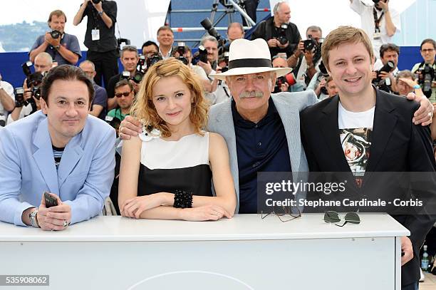 Oleg Menshiko, Nadezhda Mihalkova, Nikita Mikhalkov and Artem Menshikov attend the 'The Exodus - Burnt By The Sun 2' Photocall during the 63rd Cannes...