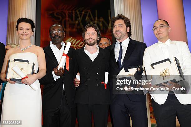 Juliette Binoche, Mahamat-Saleh Haroun, Mathieu Almaric, Javier Bardem and Apichatpong Weerasethakul attend the 'Palme d'Or Award Ceremony' of the...