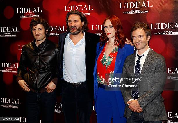 Gaspard Proust, Frederic Begbeider, Audrey Fleurot and Jonathan Lambert attend the "L'Ideal" Paris Premiere at Le Grand Rex on May 30, 2016 in Paris,...