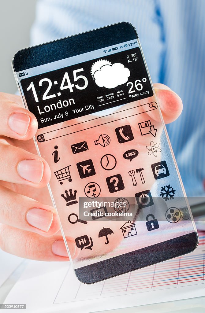 Smartphone with transparent screen in human hands.