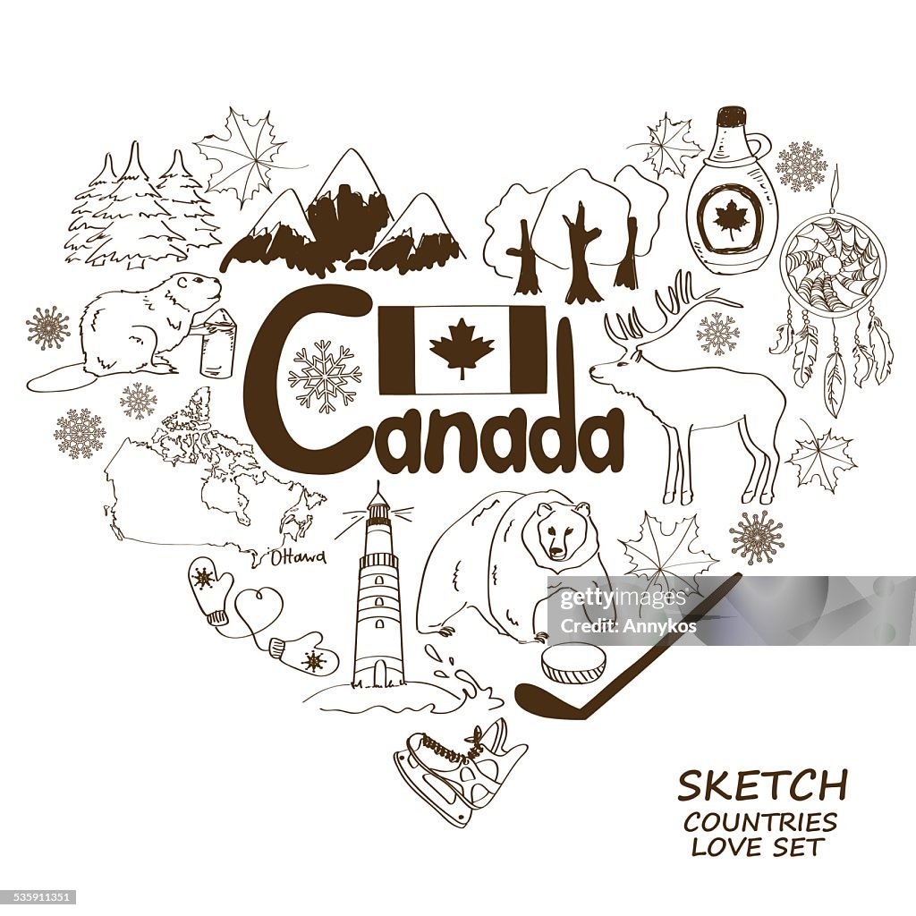 Canadian symbols in heart shape concept.