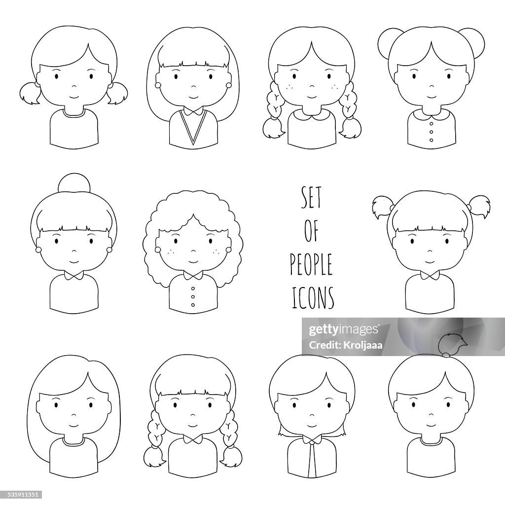 Set of line female faces icons.