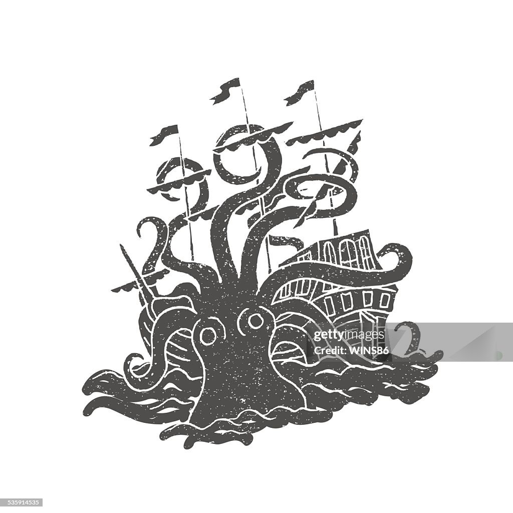 Octopus with boat. Vintage. Rubber stamp.