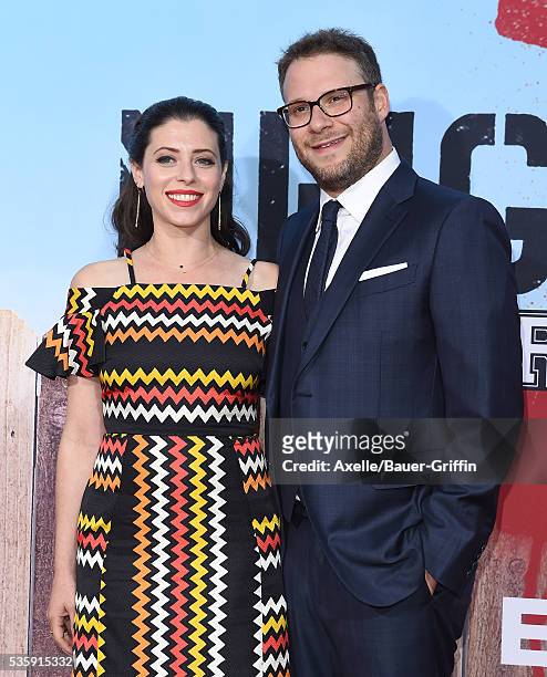 Actor Seth Rogen and Lauren Miller arrive at the premiere of Universal Pictures' 'Neighbors 2: Sorority Rising' on May 16, 2016 in Westwood,...